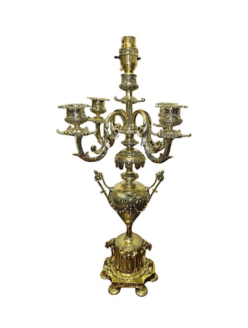 A STUNNING PAIR OF 19TH CENTURY BRASS CANDELABRA CONVERTED TO TABLE LAMPS - ADDITIONAL PHOTO 2