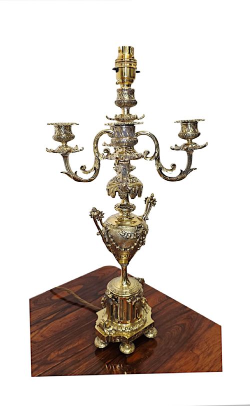 A STUNNING PAIR OF 19TH CENTURY BRASS CANDELABRA CONVERTED TO TABLE LAMPS - ADDITIONAL PHOTO 3