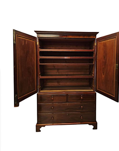 A VERY FINE EARLY 19TH CENTURY INLAID MAHOGANY LINEN PRESS - ADDITIONAL PHOTO 2
