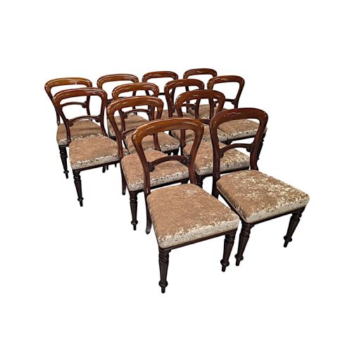 fig 1. A set of twelve 19th-century mahogany dining chairs with curved balloon backs, turned front legs, and textured light brown upholstery.