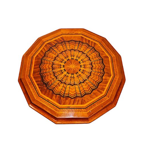 fig 1. A nineteenth-century octagonal satinwood occasional table featuring a geometric marquetry top, turned central pedestal, and tripod scroll feet.