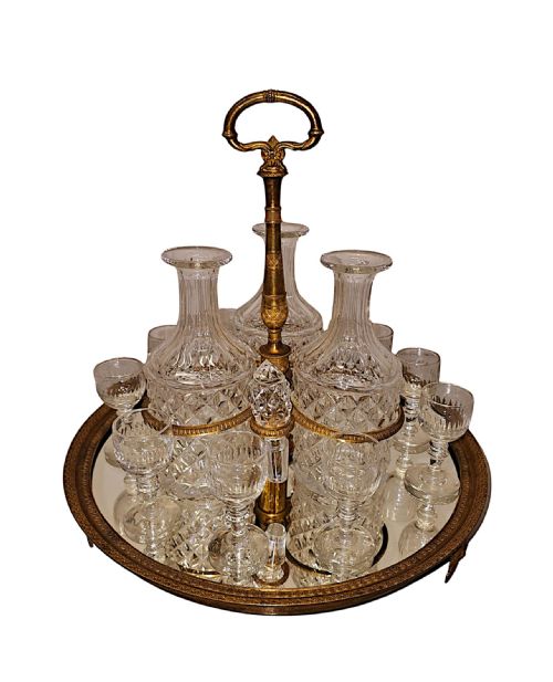 A Very Fine 19th Century French Ormolu and Cut Class Cave À Liqueur Tantalus Set