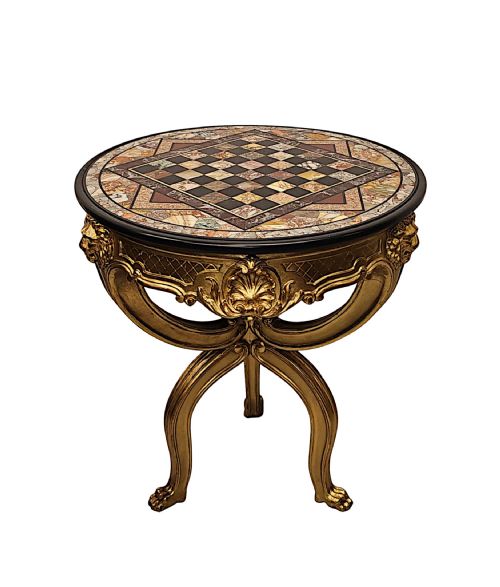 A Very Rare and Impressive 19th Century Grand Tour Specimen Marble Chess Board Top on Giltwood Base with Lion Head and Paw Detailing
