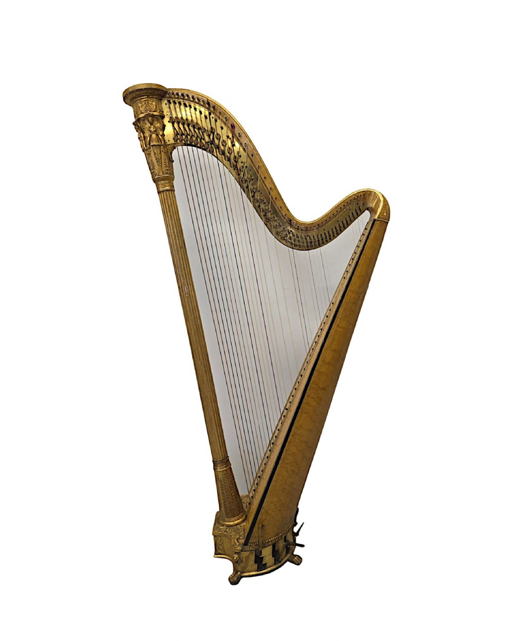 An early nineteenth-century gilded pedal harp by Sebastian Erard featuring a fluted column, sculpted neoclassical capital, and polished timber soundbox.