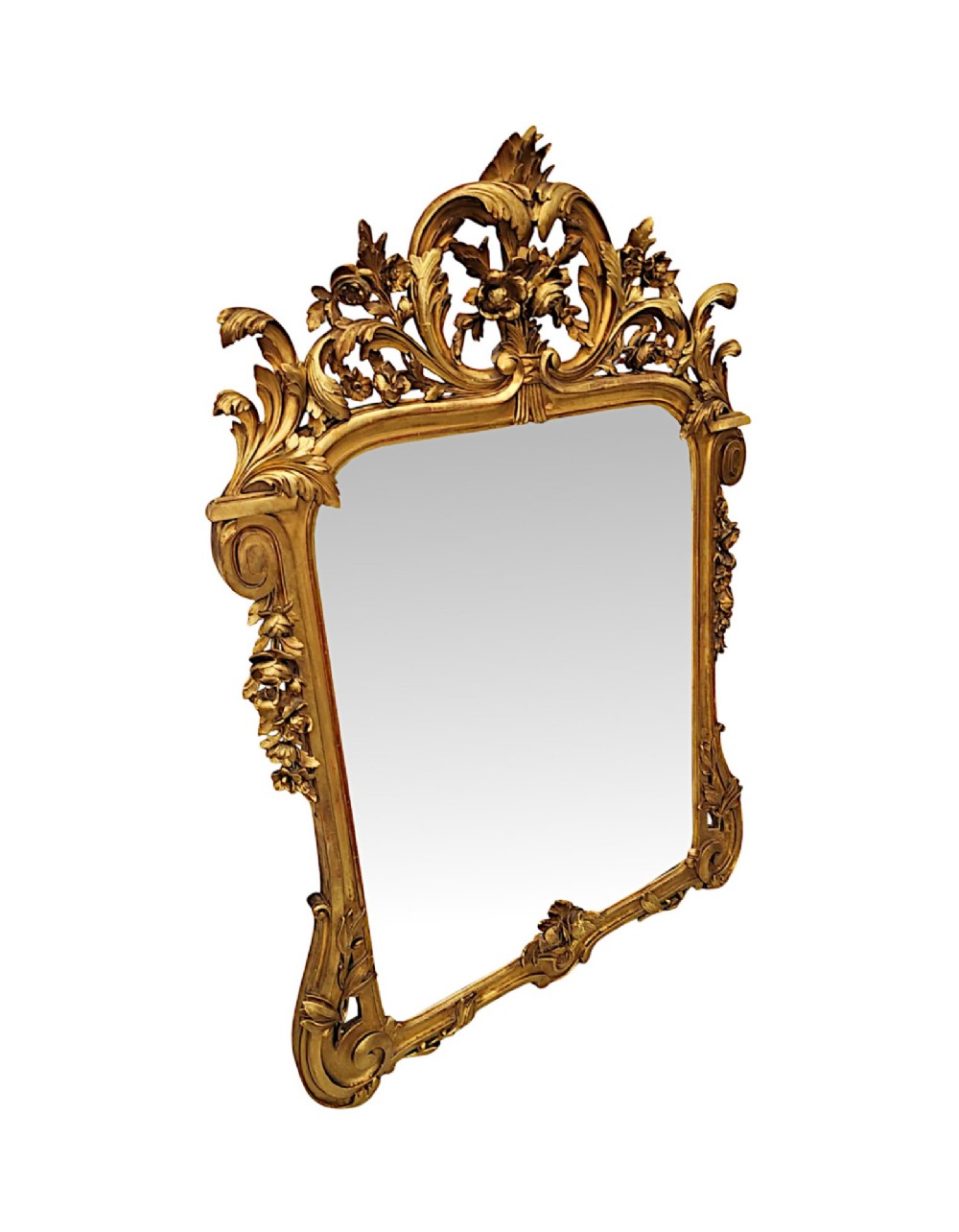 An ornate 19th-century giltwood wall mirror featuring carved floral cresting, acanthus leaf scrolls, and a rectangular mirror plate. View II