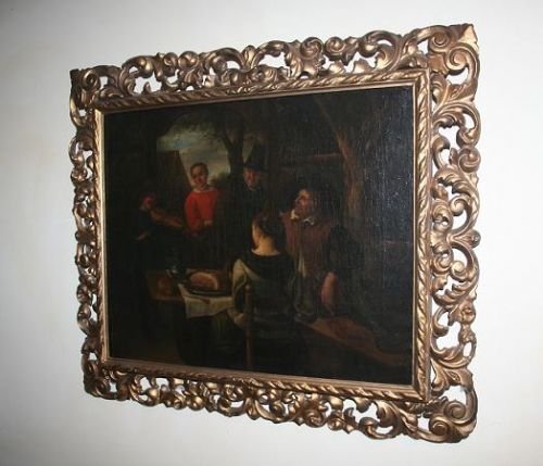 Antique Dutch Tavern Scene Oil Painting (19th Century)