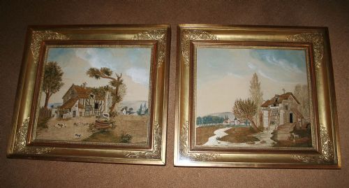 Pair of Macclesfield Regency Watercolour Embroidery Silk Paintings (C. 1820)