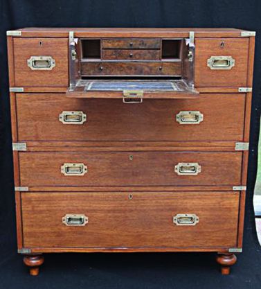 Teak Military Campaign Secretaire Chest of Drawers (C.1840)