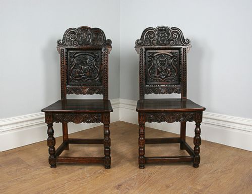 Pair of Oak Charles II Style Carved Lancashire Hall Stand Chairs (Circa 1880)