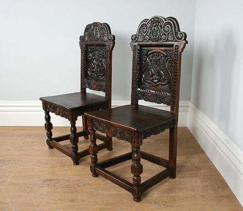 fig 1. Pair of Oak Charles II Style Carved Lancashire Hall Stand Chairs (Circa 1880)