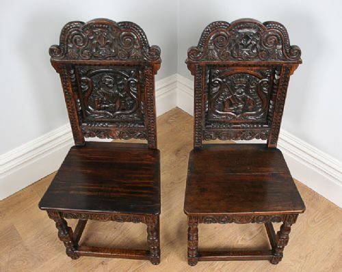 fig 2. Pair of Oak Charles II Style Carved Lancashire Hall Stand Chairs (Circa 1880)