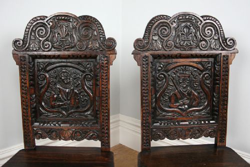 fig 3. Pair of Oak Charles II Style Carved Lancashire Hall Stand Chairs (Circa 1880)