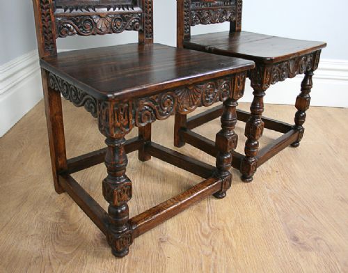 fig 4. Pair of Oak Charles II Style Carved Lancashire Hall Stand Chairs (Circa 1880)