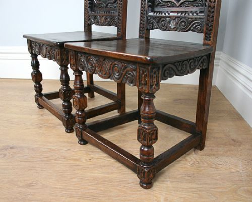 fig 5. Pair of Oak Charles II Style Carved Lancashire Hall Stand Chairs (Circa 1880)