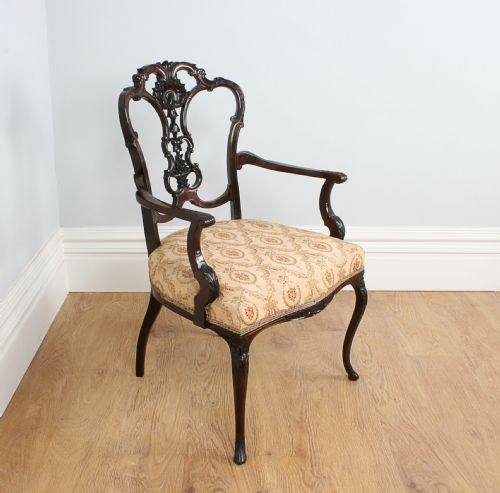 Carved Mahogany Rococo Brass Inlay Occasional Office Carver Armchair (Circa 1880)