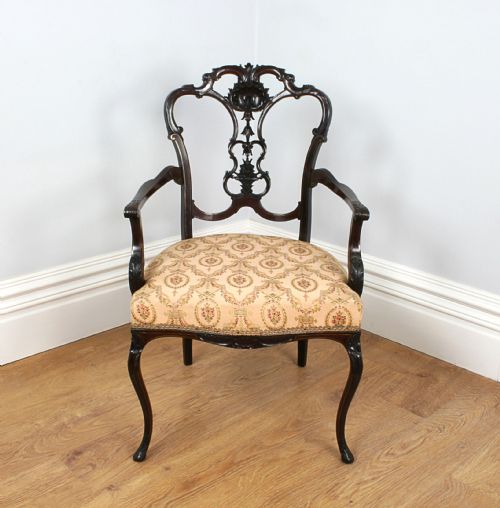 fig 1. Carved Mahogany Rococo Brass Inlay Occasional Office Carver Armchair (Circa 1880)