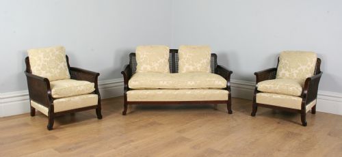 3 Piece Mahogany Geometric Bergere Cane Suite Couch Settee Sofa (Circa 1920)