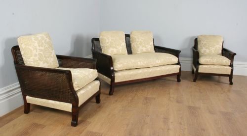 fig 1. 3 Piece Mahogany Geometric Bergere Cane Suite Couch Settee Sofa (Circa 1920)
