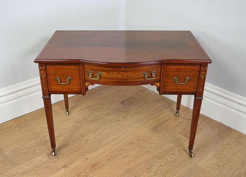 Edwardian Mahogany Ladies Bow Front Marquetry Inlaid
writing Table (Circa 1901-1910)
