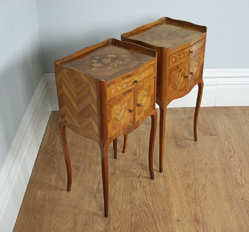 fig 2. Pair of French Louis Kingwood Marquetry Serpentine Bedside Tables (Circa 1920)