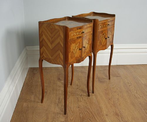 fig 1. Pair of French Louis Kingwood Marquetry Serpentine Bedside Tables (Circa 1920)