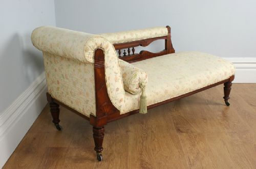fig 1. Edwardian Mahogany Rail-back Cream Upholstered Chaise Longue Sofa Settee Couch (Circa 1901 - 1910)