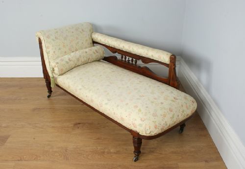 fig 3. Edwardian Mahogany Rail-back Cream Upholstered Chaise Longue Sofa Settee Couch (Circa 1901 - 1910)