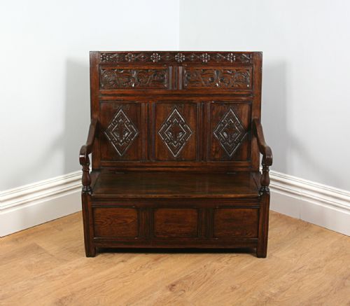 fig 1. 3ft 6” Carved Five Panel Oak Victorian Country Box Settle (Circa 1860)