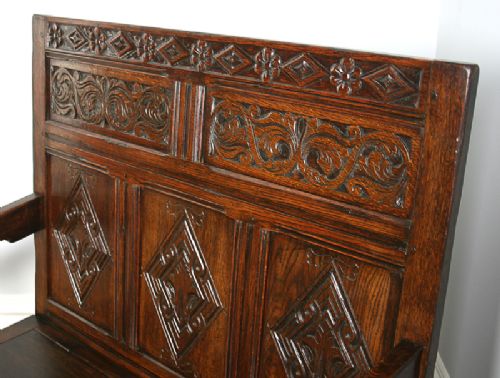 fig 2. 3ft 6” Carved Five Panel Oak Victorian Country Box Settle (Circa 1860)