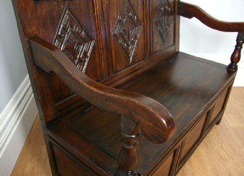 fig 7. 3ft 6” Carved Five Panel Oak Victorian Country Box Settle (Circa 1860)