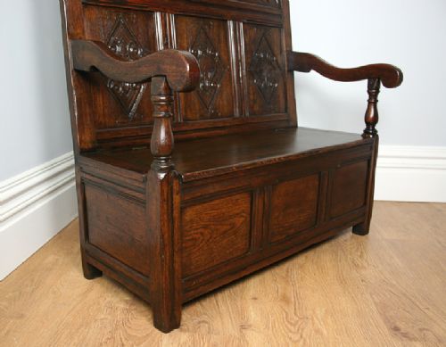 fig 8. 3ft 6” Carved Five Panel Oak Victorian Country Box Settle (Circa 1860)