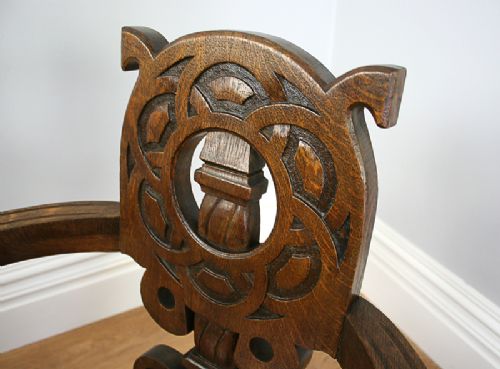 fig 6. Victorian Celtic Scottish Arts & Crafts Oak Revolving Office Armchair (Circa 1900)