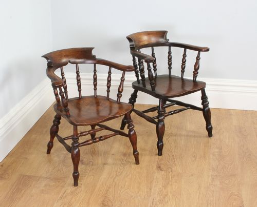 Antique Pair of Victorian Ash & Elm Smokers’ Bow Captains Armchairs (Circa 1880)
