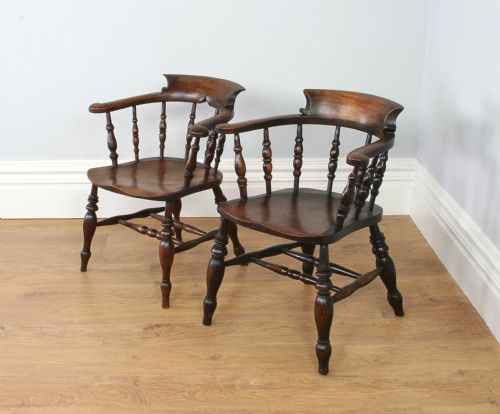 fig 1. Antique Pair of Victorian Ash & Elm Smokers’ Bow Captains Armchairs (Circa 1880)