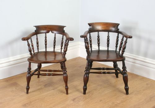 fig 2. Antique Pair of Victorian Ash & Elm Smokers’ Bow Captains Armchairs (Circa 1880)