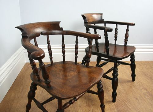 fig 4. Antique Pair of Victorian Ash & Elm Smokers’ Bow Captains Armchairs (Circa 1880)