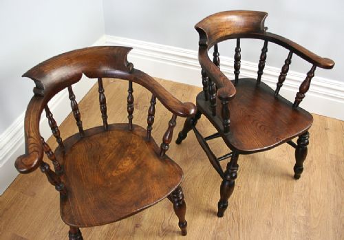 fig 3. Antique Pair of Victorian Ash & Elm Smokers’ Bow Captains Armchairs (Circa 1880)