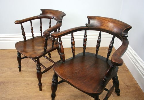 fig 5. Antique Pair of Victorian Ash & Elm Smokers’ Bow Captains Armchairs (Circa 1880)