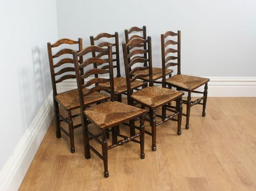 Set of Six 6 Ash & Oak Ladder Back Country Farmhouse Dining Chairs (Circa 1880 - 1900)