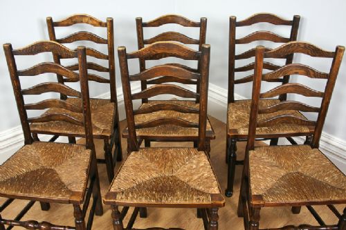 fig 2. Set of Six 6 Ash & Oak Ladder Back Country Farmhouse Dining Chairs (Circa 1880 - 1900)
