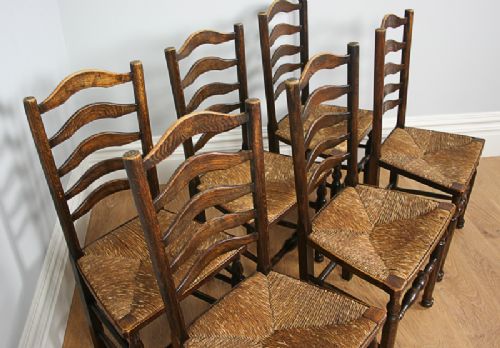 fig 3. Set of Six 6 Ash & Oak Ladder Back Country Farmhouse Dining Chairs (Circa 1880 - 1900)