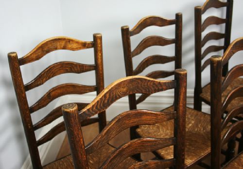 fig 4. Set of Six 6 Ash & Oak Ladder Back Country Farmhouse Dining Chairs (Circa 1880 - 1900)