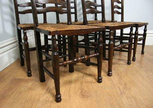 fig 6. Set of Six 6 Ash & Oak Ladder Back Country Farmhouse Dining Chairs (Circa 1880 - 1900)
