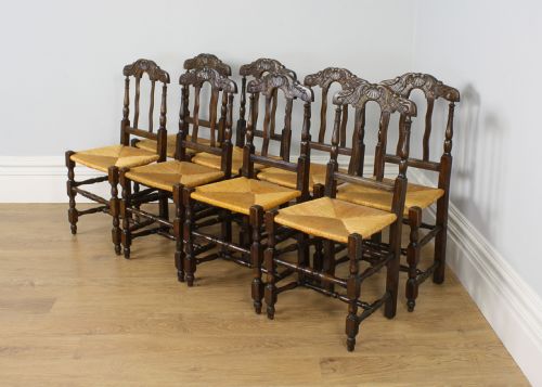 Set of 8 Eight French Provincial Beech & Rush Spindle Back Kitchen Dining Chairs (Circa 1900)