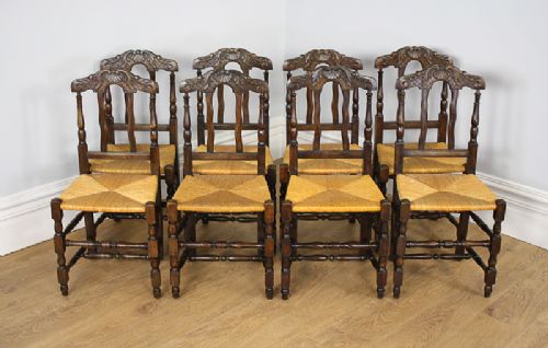 fig 1. Set of 8 Eight French Provincial Beech & Rush Spindle Back Kitchen Dining Chairs (Circa 1900)