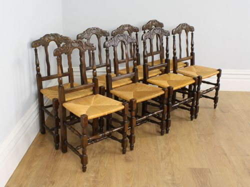 fig 2. Set of 8 Eight French Provincial Beech & Rush Spindle Back Kitchen Dining Chairs (Circa 1900)