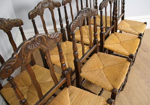 fig 3. Set of 8 Eight French Provincial Beech & Rush Spindle Back Kitchen Dining Chairs (Circa 1900)