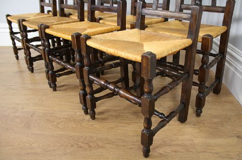 fig 4. Set of 8 Eight French Provincial Beech & Rush Spindle Back Kitchen Dining Chairs (Circa 1900)