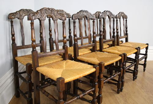 fig 5. Set of 8 Eight French Provincial Beech & Rush Spindle Back Kitchen Dining Chairs (Circa 1900)