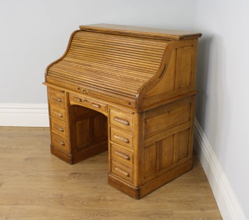 fig 1. 4ft 2” Victorian Oak Roll Top Pedestal Desk (Circa 1880)